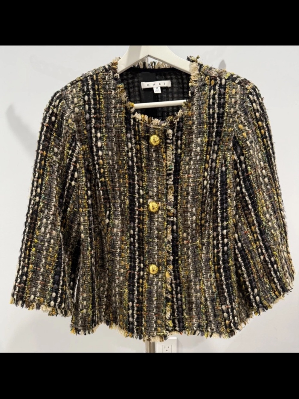 Cabi Paris Wool Blend Boucle Tweed Fringe Blazer Jacket Brown Size M